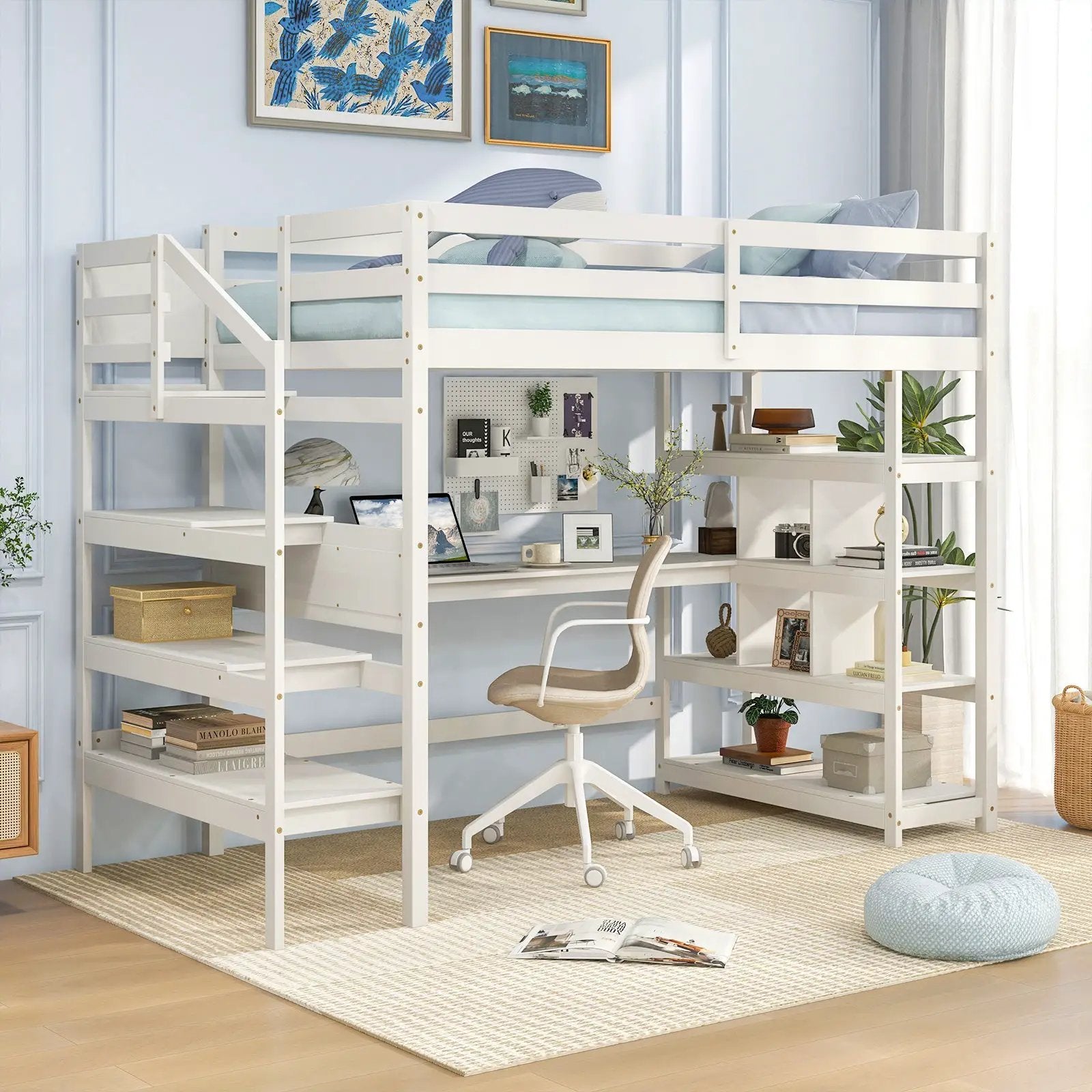 Twin Size Loft Bed with Desk and Storage Stairs Loft Bed Frame with Shelves and Safety Guardrails-White by DirectDeals