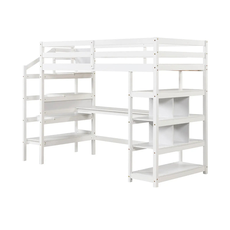 Twin Size Loft Bed with Desk and Storage Stairs Loft Bed Frame with Shelves and Safety Guardrails-White by DirectDeals