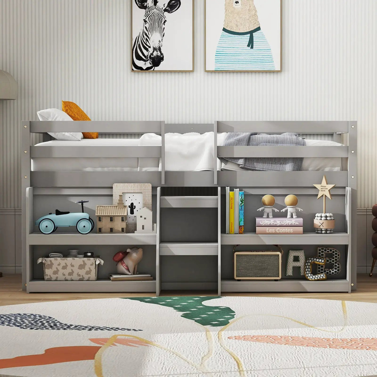 Twin Size Loft Bed with LED Lights with Staircase and Safety Guardrail by DirectDeals