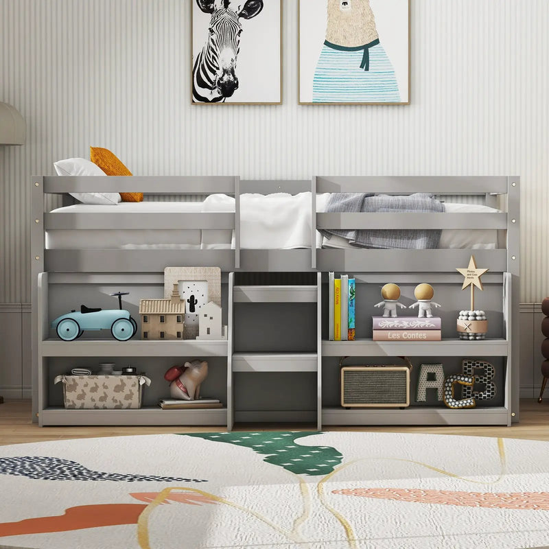 Twin Size Loft Bed with LED Lights with Staircase and Safety Guardrail by DirectDeals
