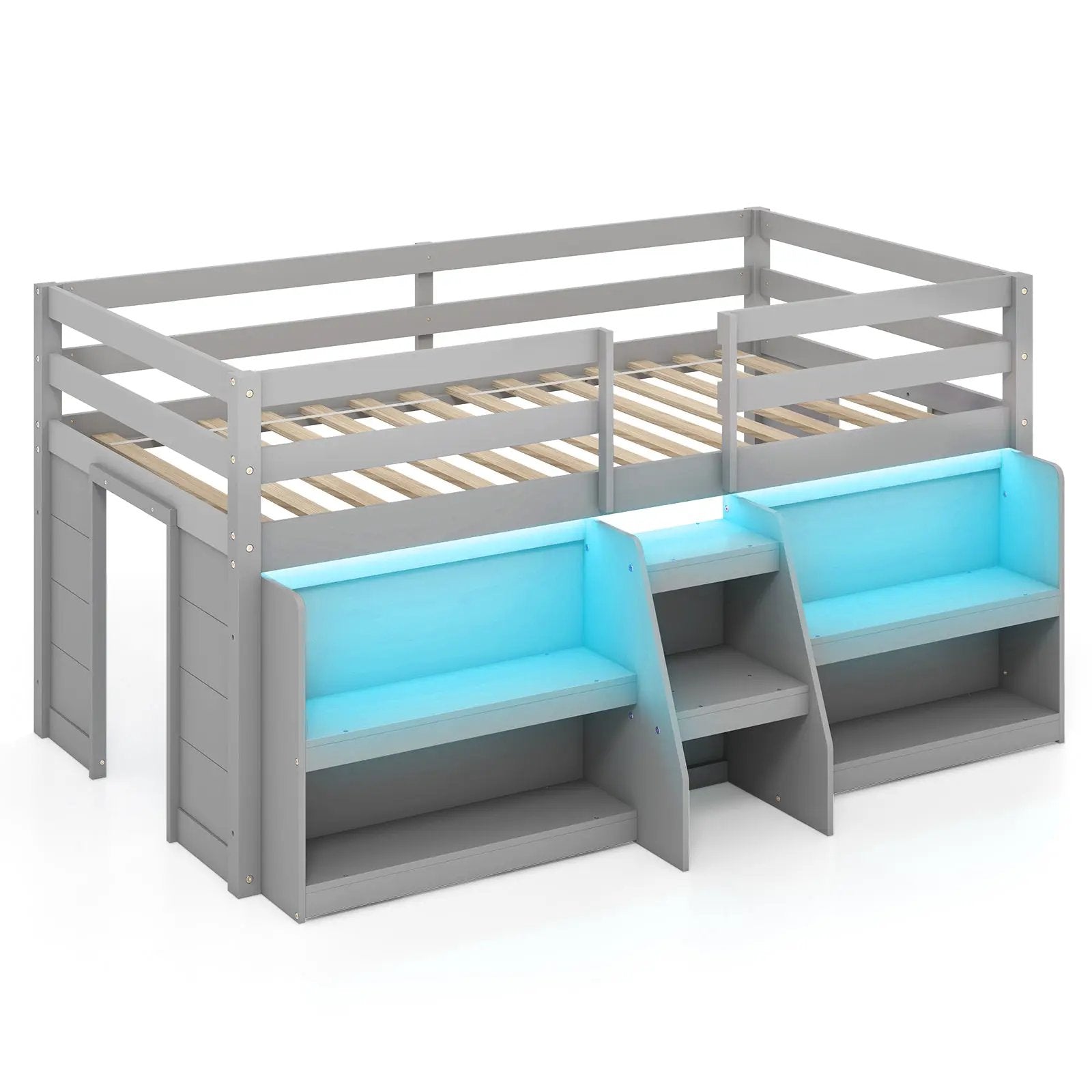 Twin Size Loft Bed with LED Lights with Staircase and Safety Guardrail by DirectDeals