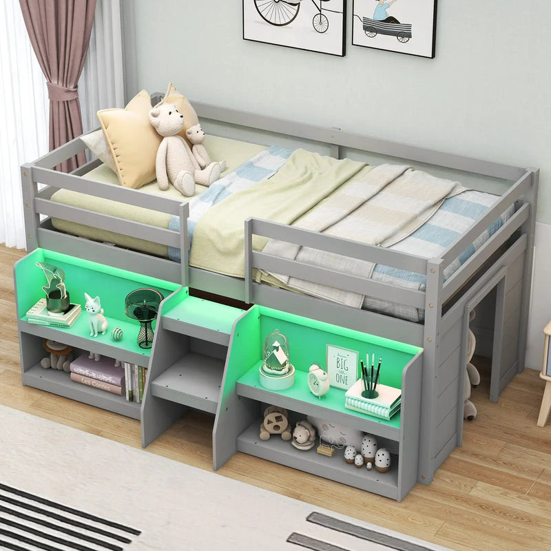 Twin Size Loft Bed with LED Lights with Staircase and Safety Guardrail by DirectDeals