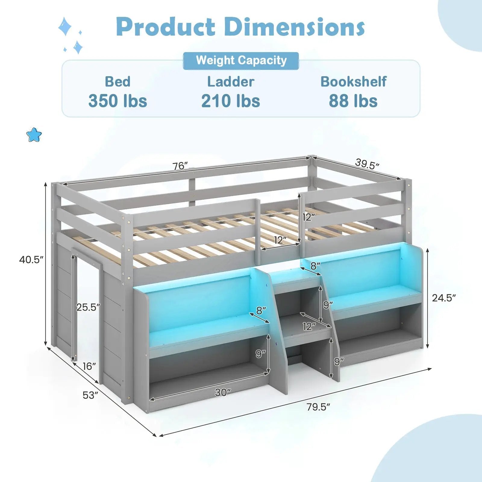 Twin Size Loft Bed with LED Lights with Staircase and Safety Guardrail by DirectDeals