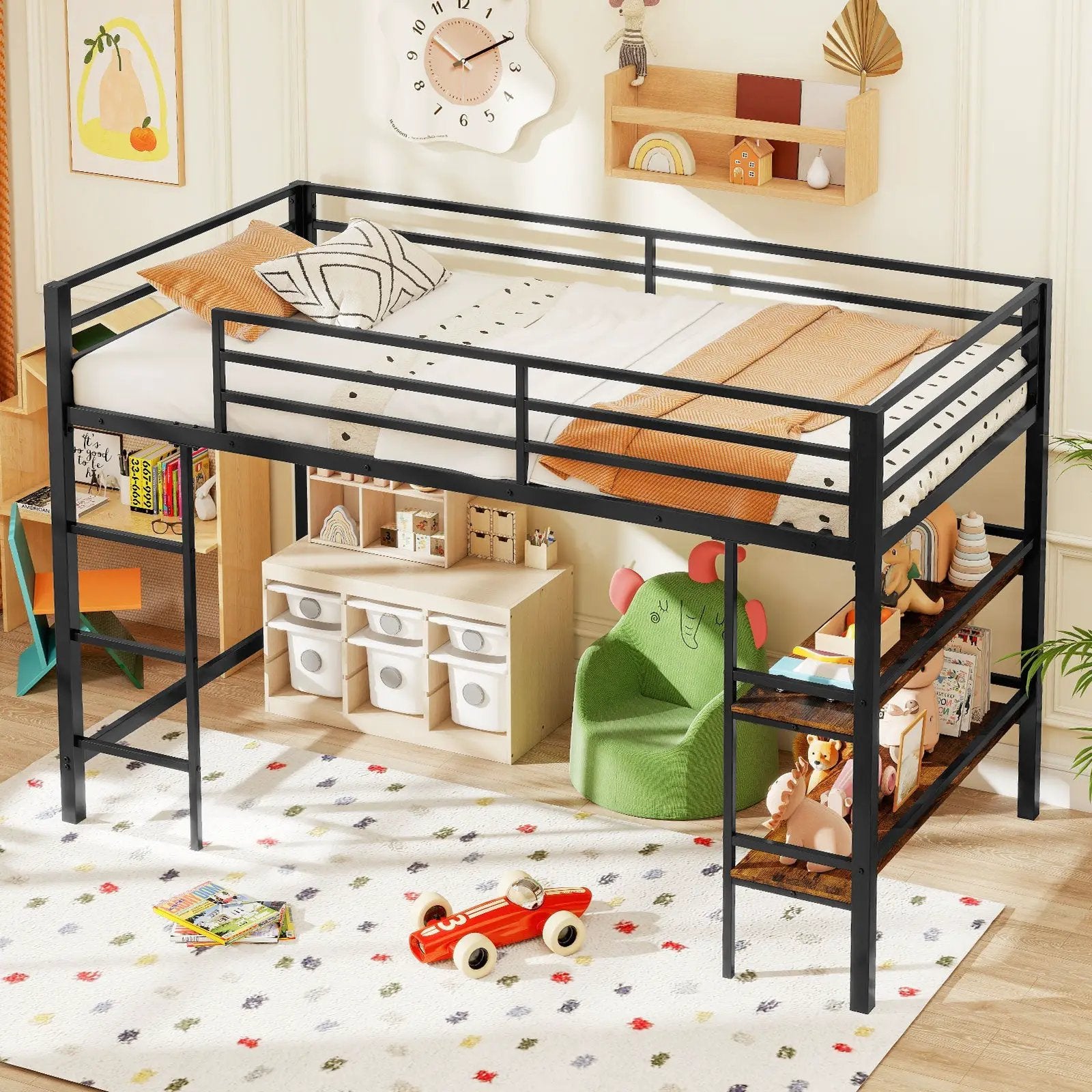 Twin Size Low Loft Bed with Ladder and Storage Shelves Metal Frame for Boys Girls-Black by DirectDeals