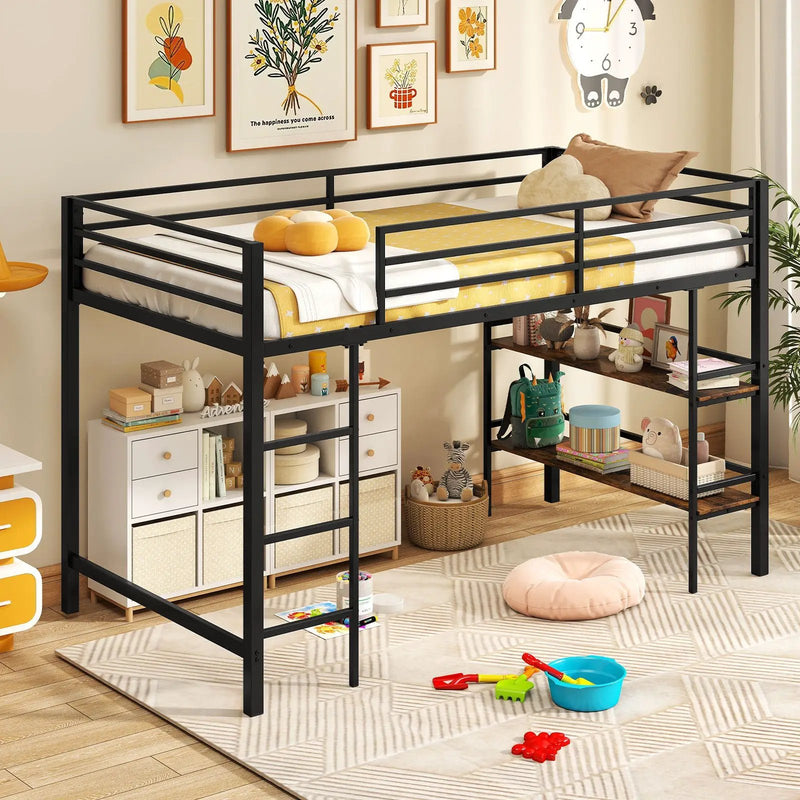 Twin Size Low Loft Bed with Ladder and Storage Shelves Metal Frame for Boys Girls-Black by DirectDeals