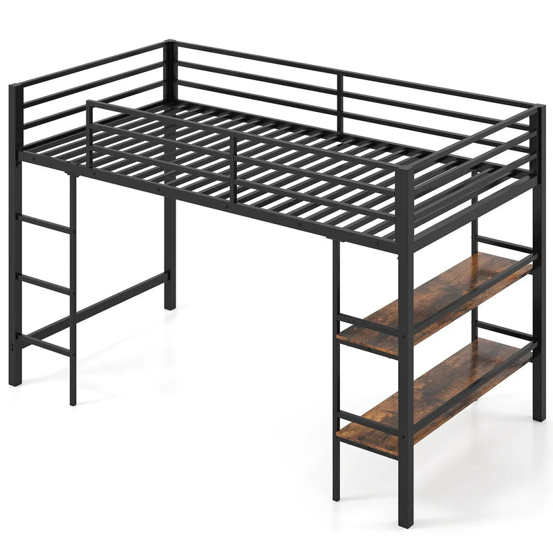 Twin Size Low Loft Bed with Ladder and Storage Shelves Metal Frame for Boys Girls-Black by DirectDeals