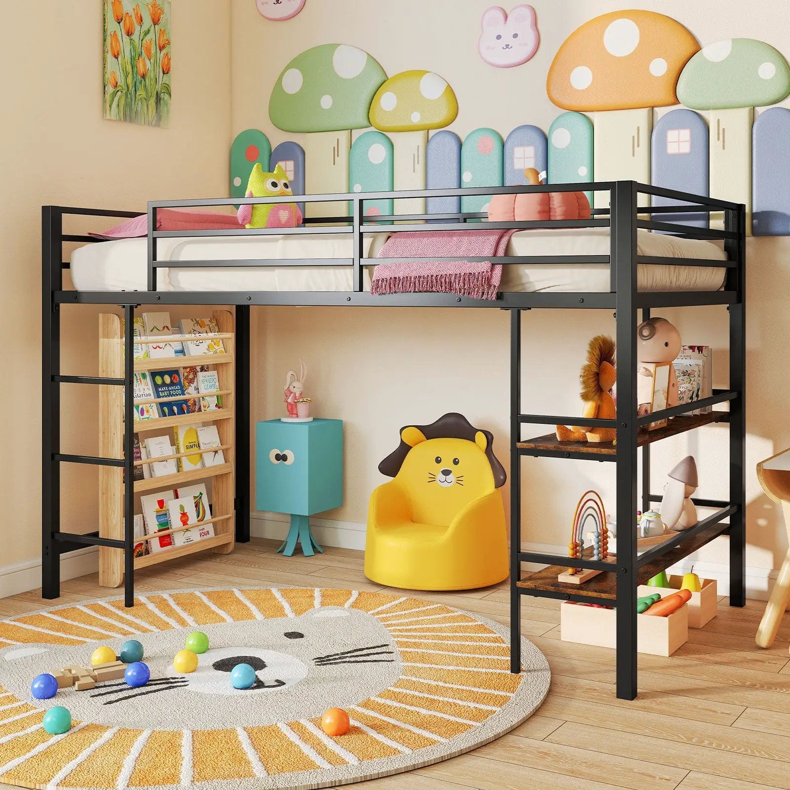 Twin Size Low Loft Bed with Ladder and Storage Shelves Metal Frame for Boys Girls-Black by DirectDeals