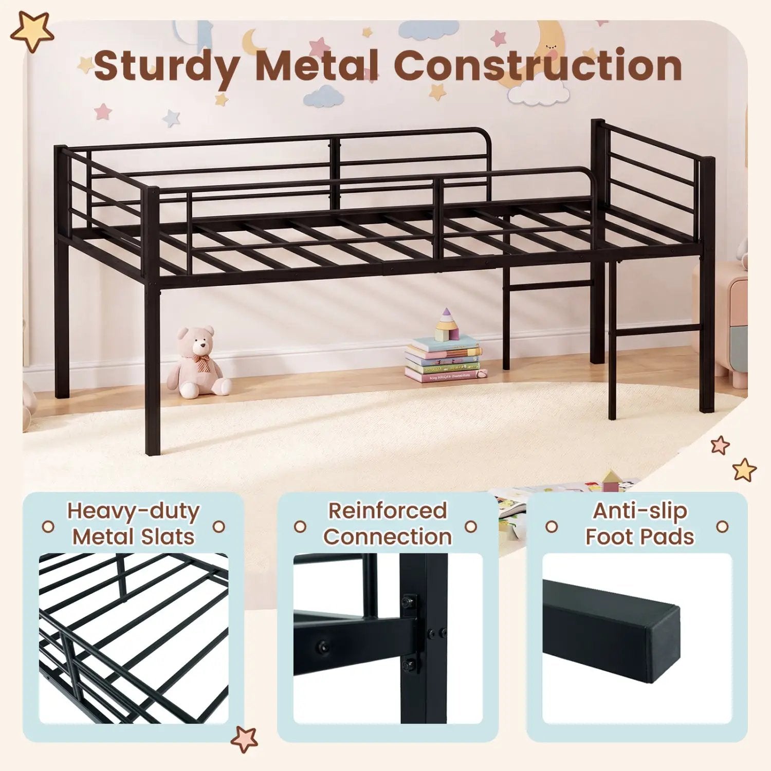 Twin Size Low Loft Bed with Safety Guardrails and 2 Ladders by DirectDeals
