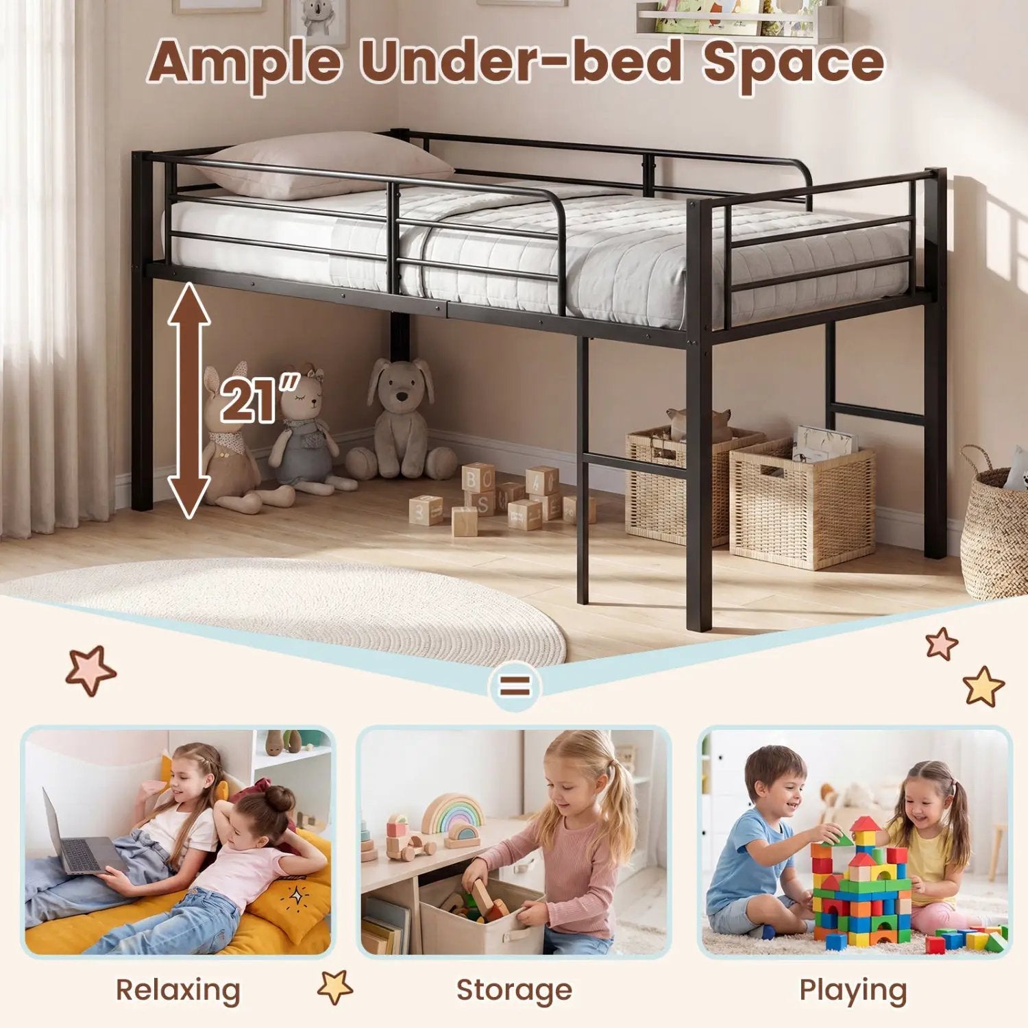 Twin Size Low Loft Bed with Safety Guardrails and 2 Ladders by DirectDeals
