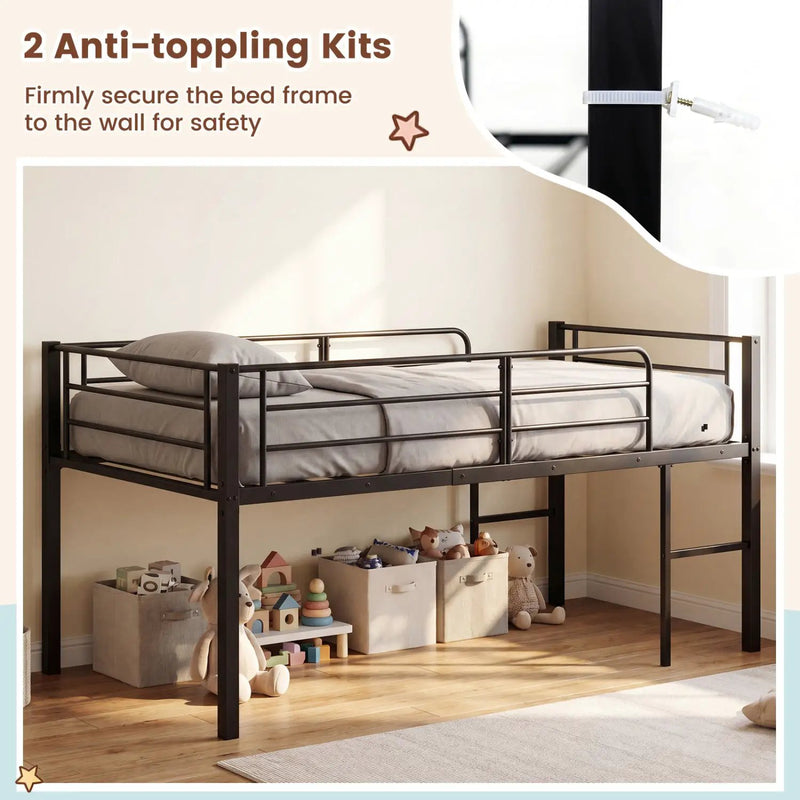 Twin Size Low Loft Bed with Safety Guardrails and 2 Ladders by DirectDeals