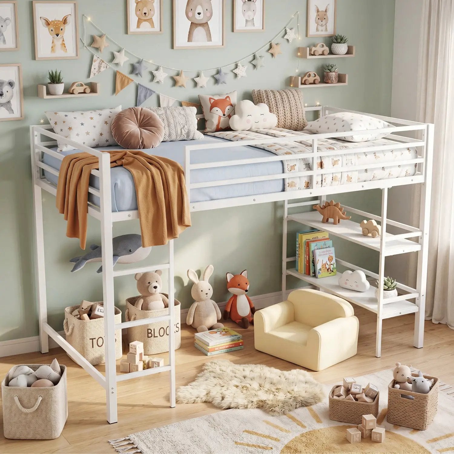 Twin Low Loft Bed with Storage Shelves and Ladder - White by DirectDeals