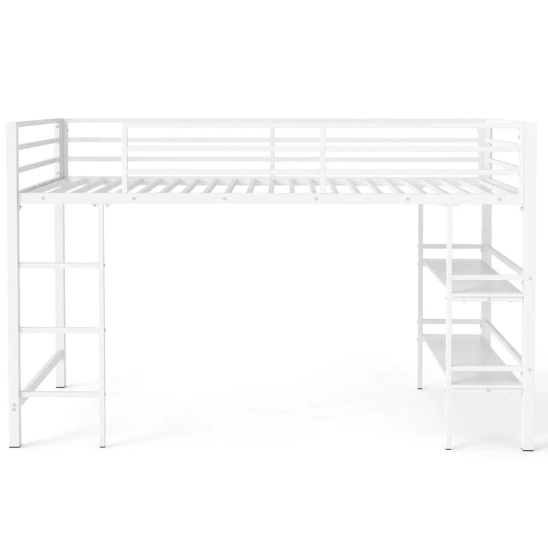 Twin Low Loft Bed with Storage Shelves and Ladder - White by DirectDeals
