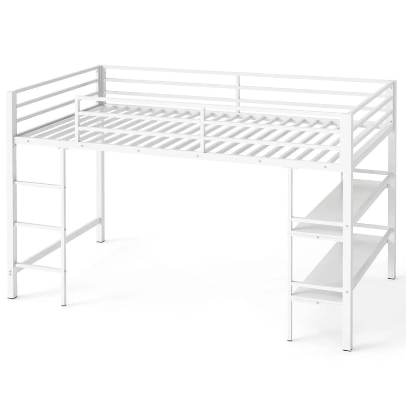 Twin Low Loft Bed with Storage Shelves and Ladder - White by DirectDeals