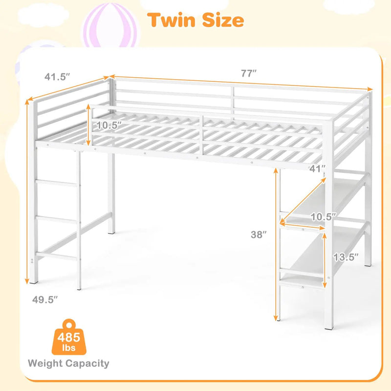 Twin Low Loft Bed with Storage Shelves and Ladder - White by DirectDeals