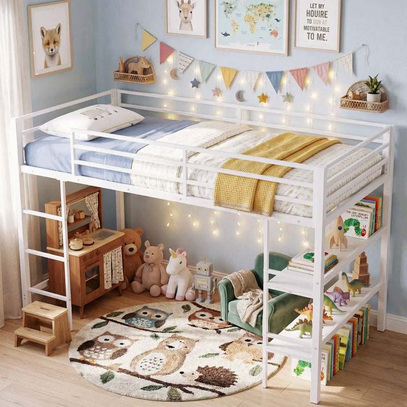 Twin Low Loft Bed with Storage Shelves and Ladder - White by DirectDeals
