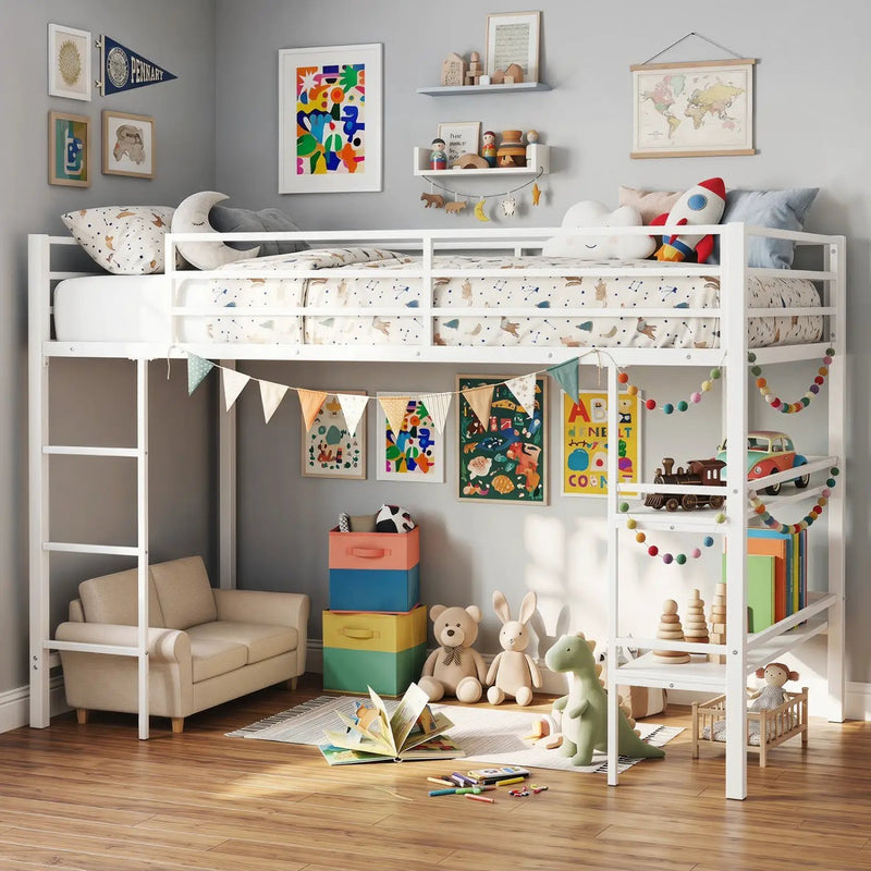 Twin Low Loft Bed with Storage Shelves and Ladder - White by DirectDeals