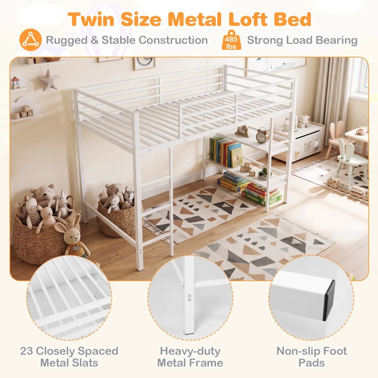 Twin Low Loft Bed with Storage Shelves and Ladder - White by DirectDeals