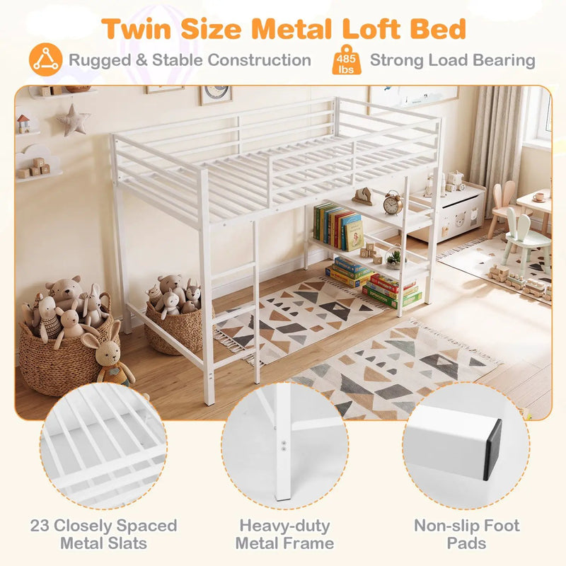 Twin Low Loft Bed with Storage Shelves and Ladder - White by DirectDeals