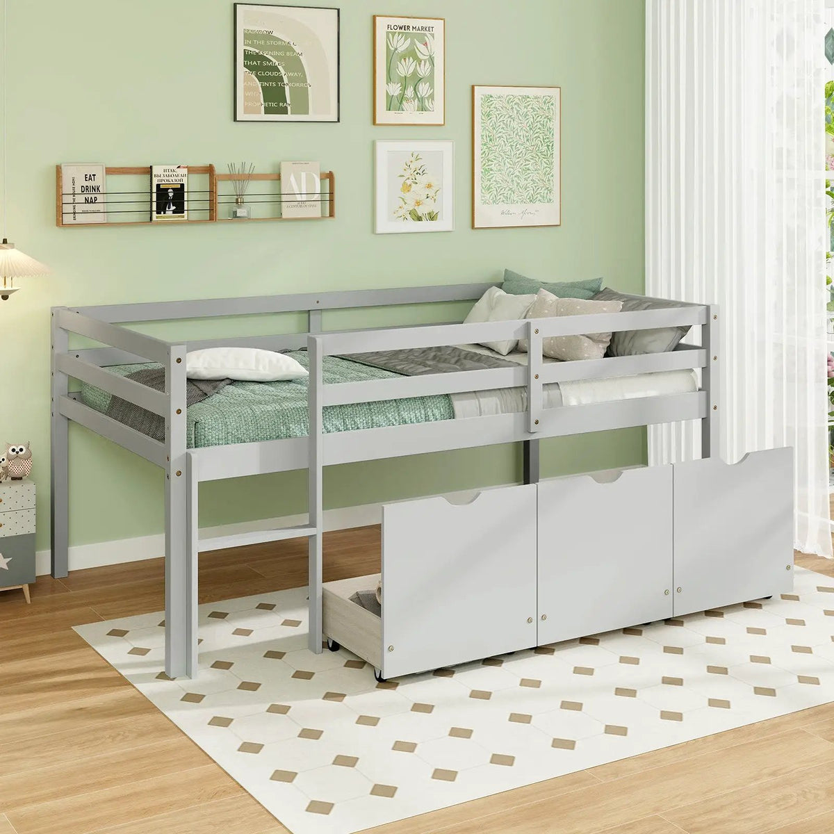 Twin Size Low Loft Bed with 3 Drawers with Ladder and Full-length Guardrails by DirectDeals