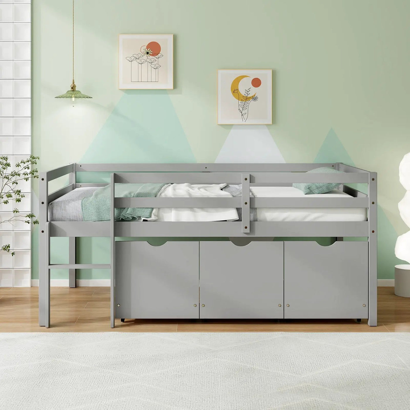 Twin Size Low Loft Bed with 3 Drawers with Ladder and Full-length Guardrails by DirectDeals