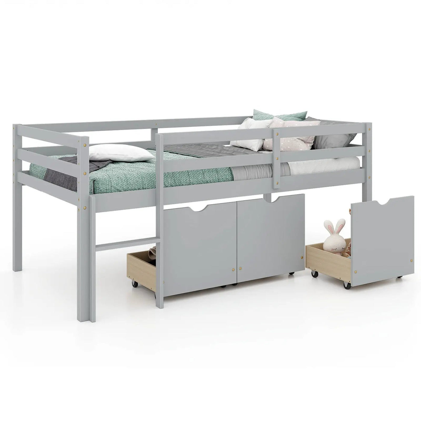 Twin Size Low Loft Bed with 3 Drawers with Ladder and Full-length Guardrails by DirectDeals