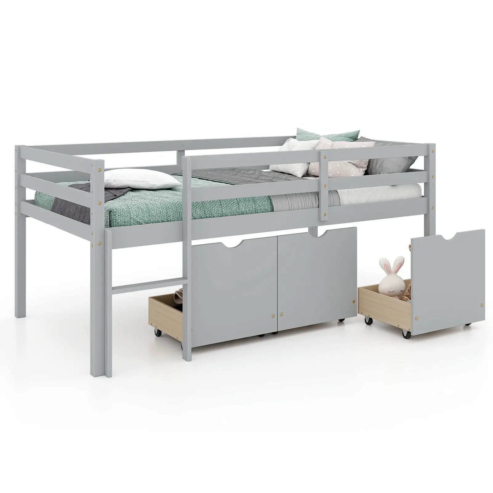Twin Size Low Loft Bed with 3 Drawers with Ladder and Full-length Guardrails by DirectDeals