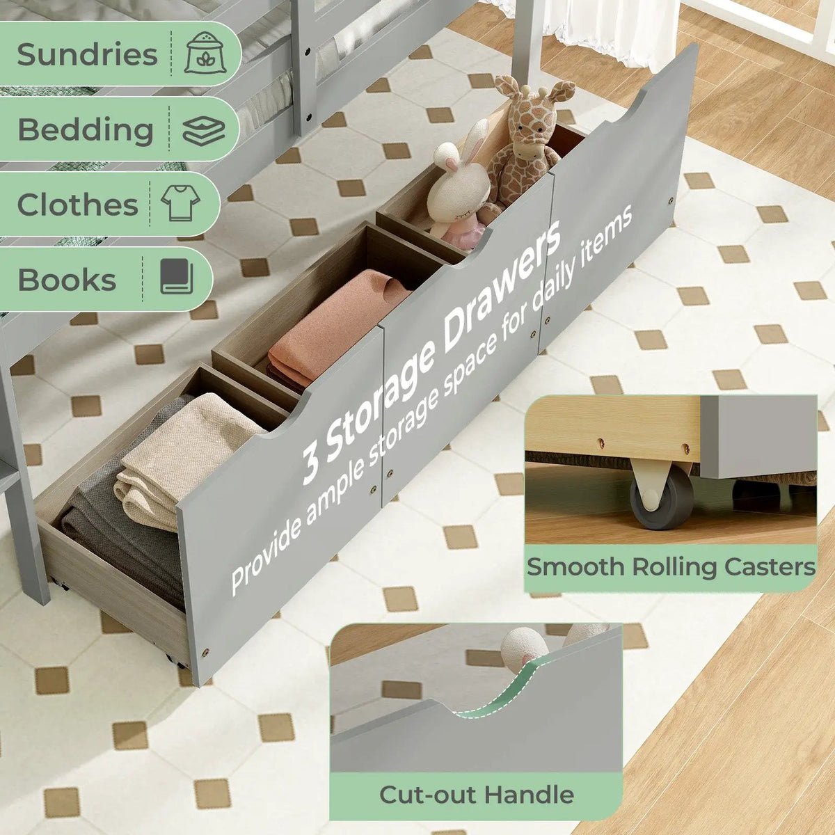 Twin Size Low Loft Bed with 3 Drawers with Ladder and Full-length Guardrails by DirectDeals