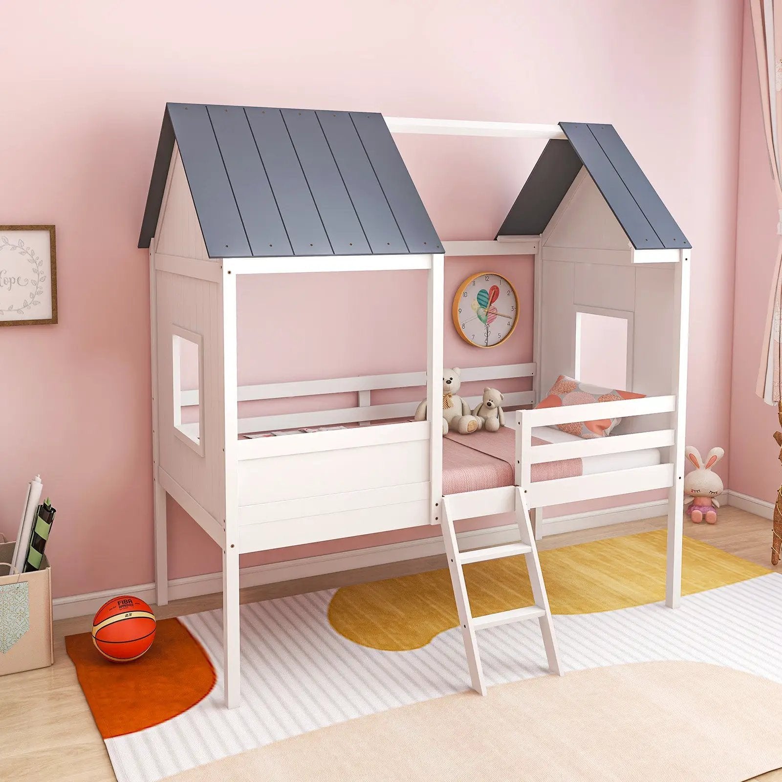 Twin Size Kids House Bed Low Loft Bed Frame with Roof-White by DirectDeals