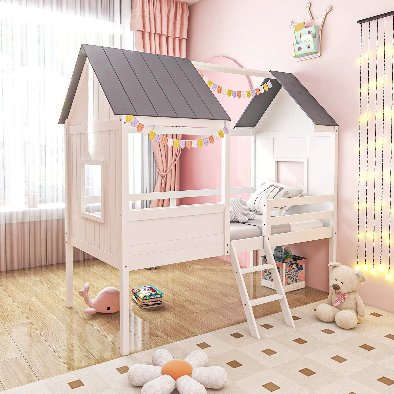 Twin Size Kids House Bed Low Loft Bed Frame with Roof-White by DirectDeals
