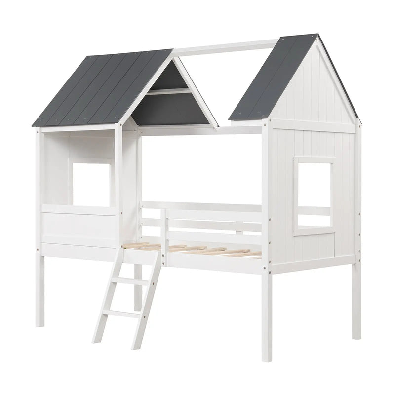 Twin Size Kids House Bed Low Loft Bed Frame with Roof-White by DirectDeals