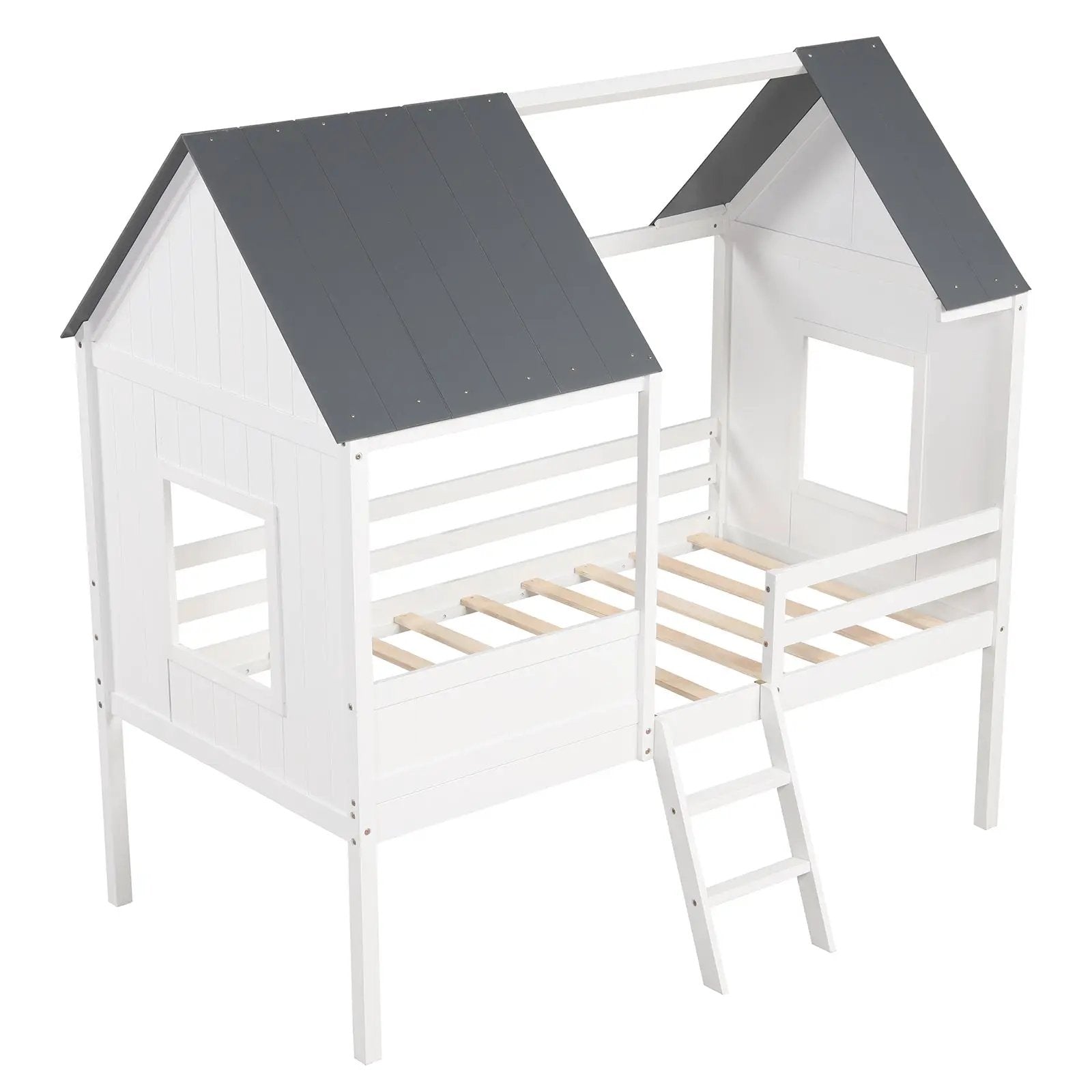 Twin Size Kids House Bed Low Loft Bed Frame with Roof-White by DirectDeals