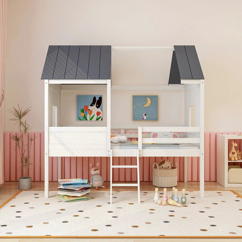 Twin Size Kids House Bed Low Loft Bed Frame with Roof-White by DirectDeals