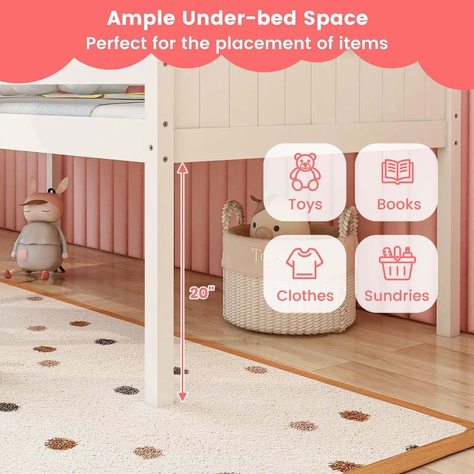 Twin Size Kids House Bed Low Loft Bed Frame with Roof-White by DirectDeals