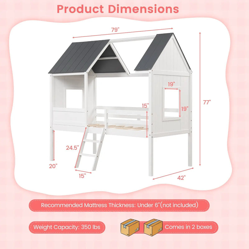 Twin Size Kids House Bed Low Loft Bed Frame with Roof-White by DirectDeals