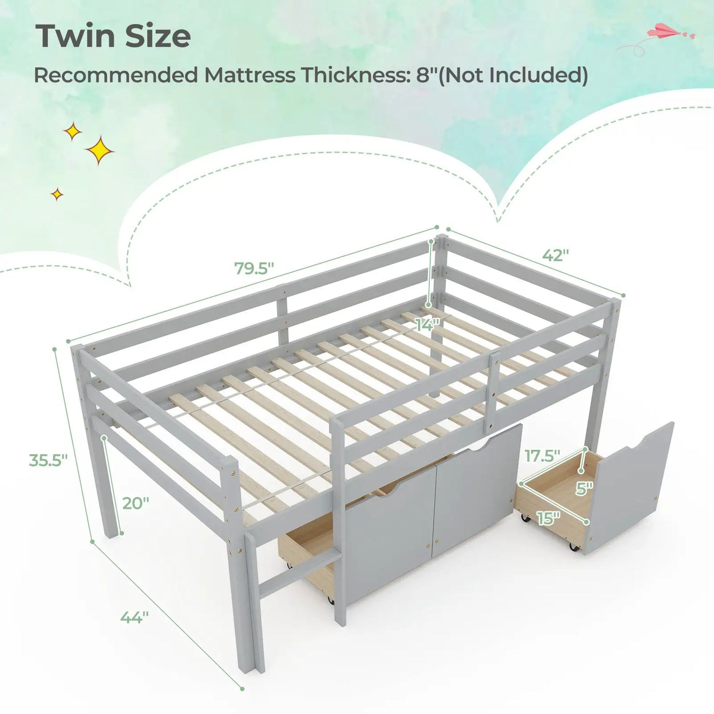 Twin Size Low Loft Bed with 3 Drawers with Ladder and Full-length Guardrails by DirectDeals