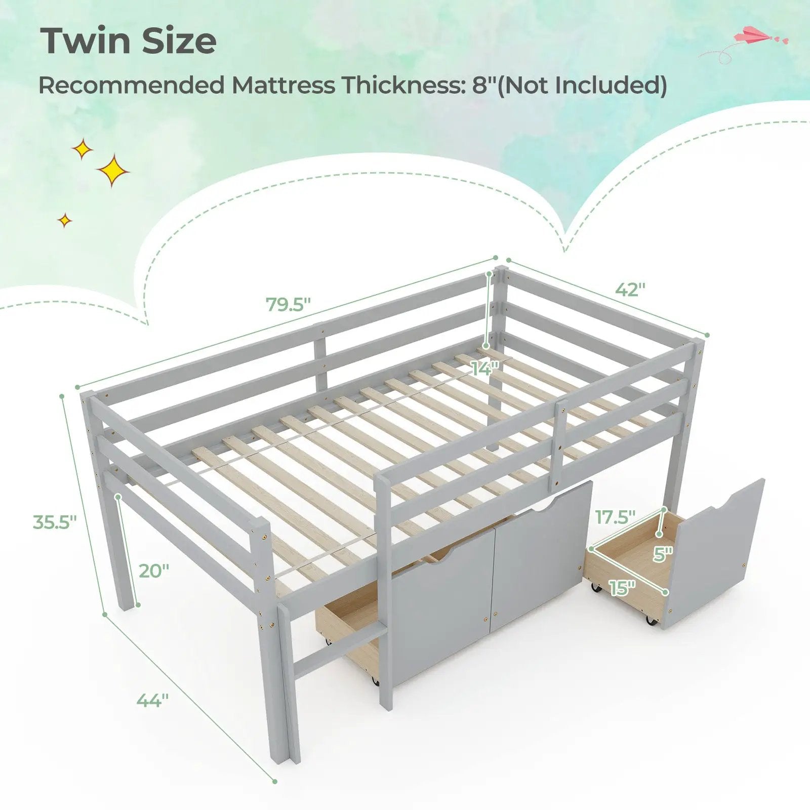 Twin Size Low Loft Bed with 3 Drawers with Ladder and Full-length Guardrails by DirectDeals