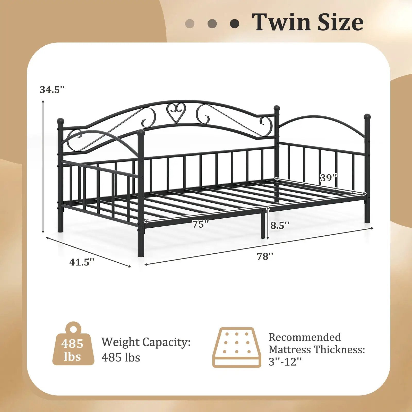 Twin Size Metal Daybed Frame with Headboard for Bedroom by DirectDeals