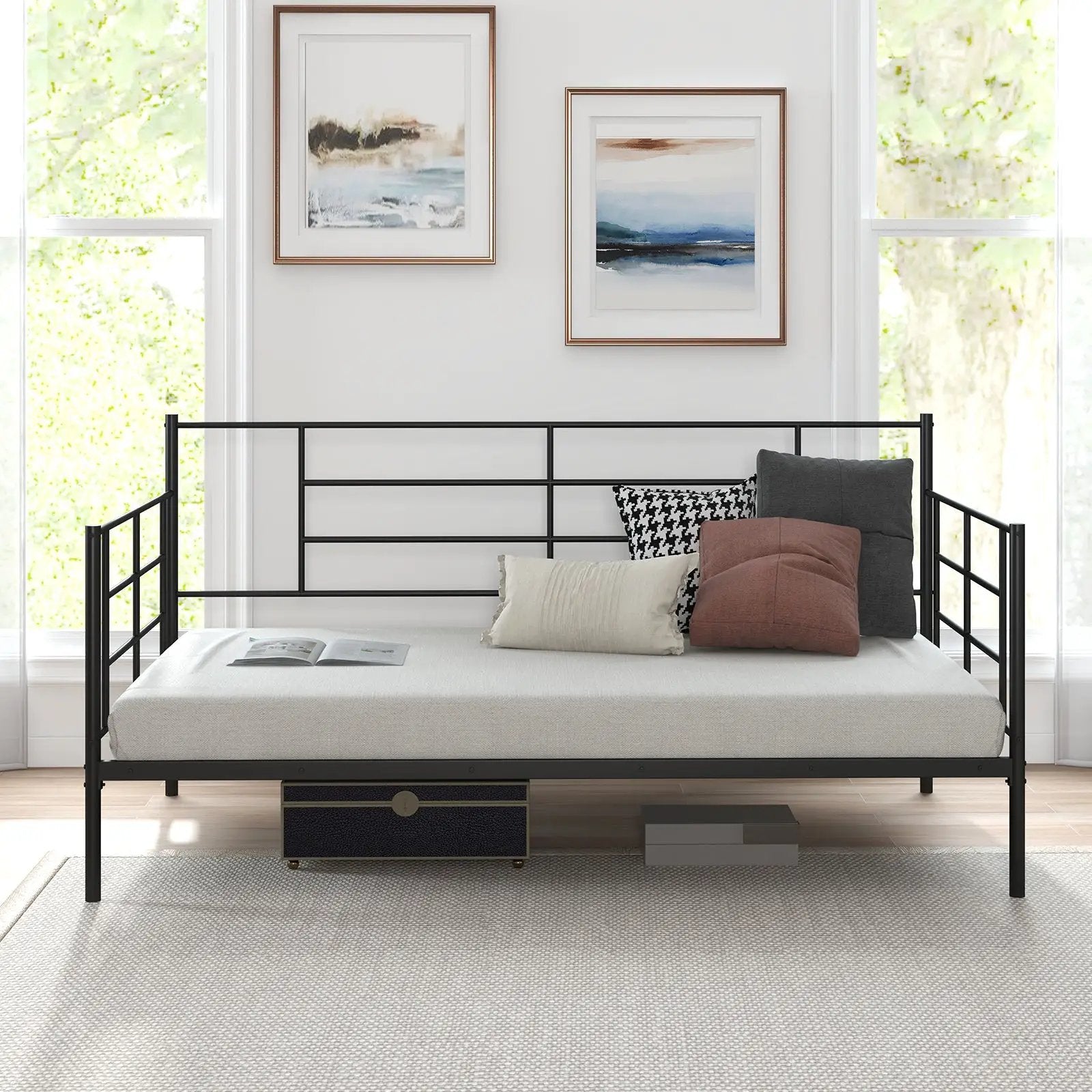 Twin Size Metal Daybed Sofa Bed Frame with Armrests and Backrest by DirectDeals