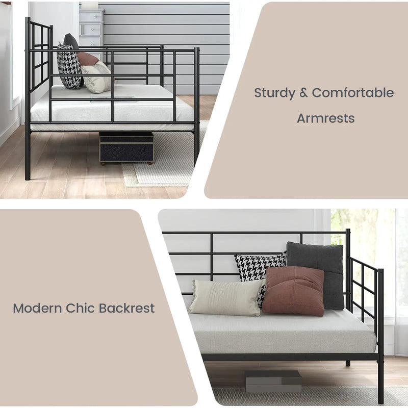 Twin Size Metal Daybed Sofa Bed Frame with Armrests and Backrest by DirectDeals