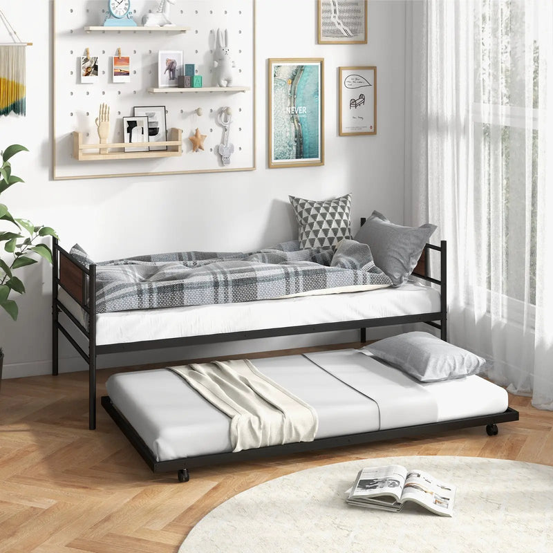 Twin Size Metal Daybed with Trundle and Wood Grain Headboard by DirectDeals
