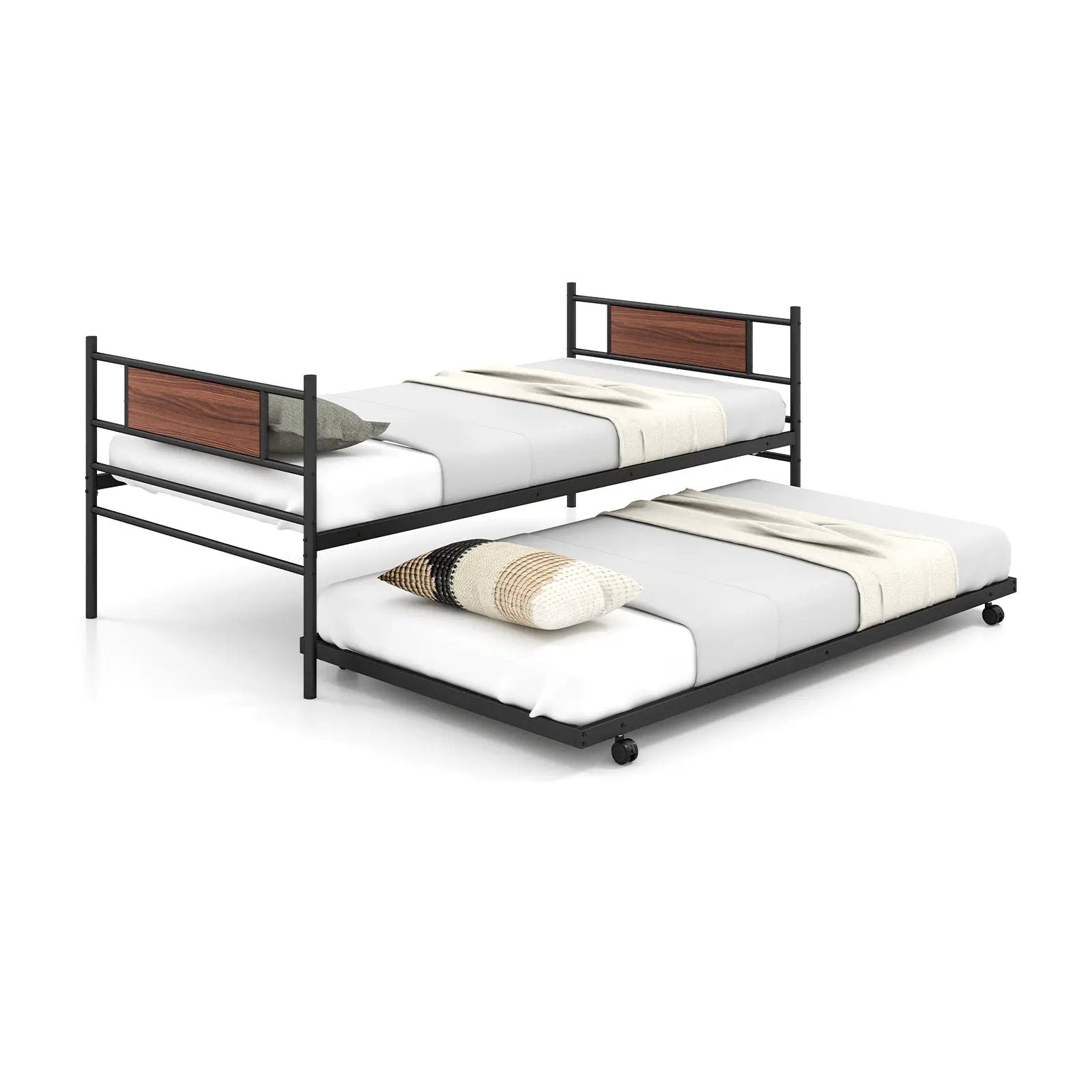 Twin Size Metal Daybed with Trundle and Wood Grain Headboard by DirectDeals