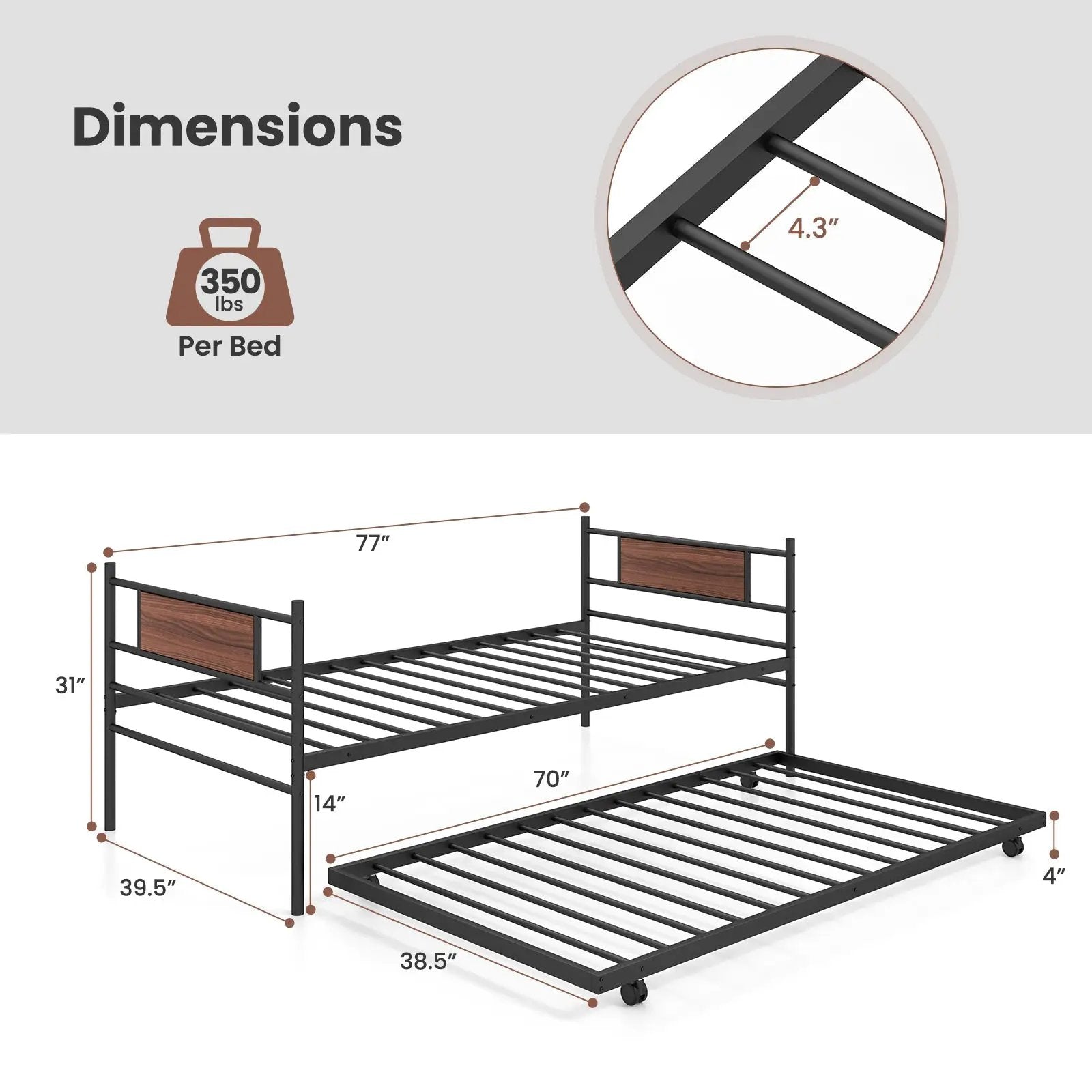 Twin Size Metal Daybed with Trundle and Wood Grain Headboard by DirectDeals