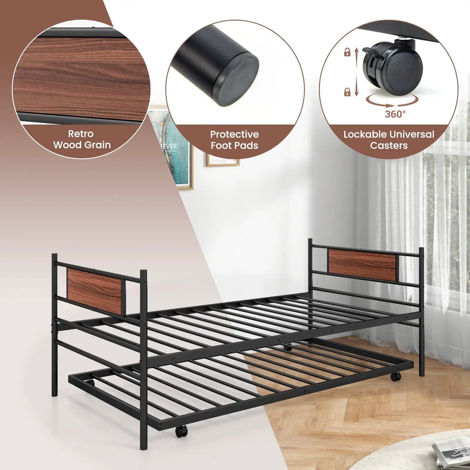 Twin Size Metal Daybed with Trundle and Wood Grain Headboard by DirectDeals