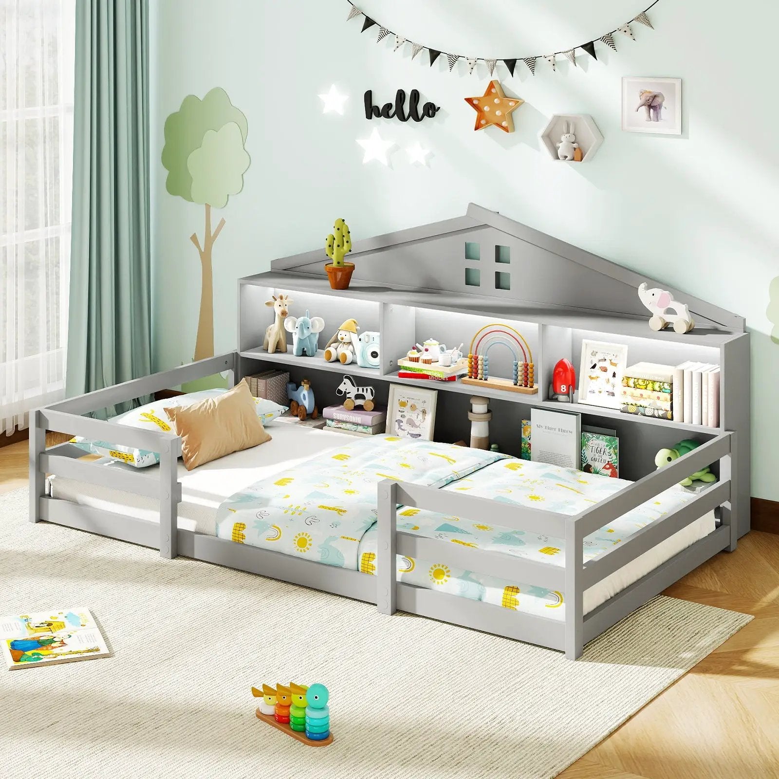 Twin Size Montessori Floor Bed with Storage Compartments and Shelf by DirectDeals