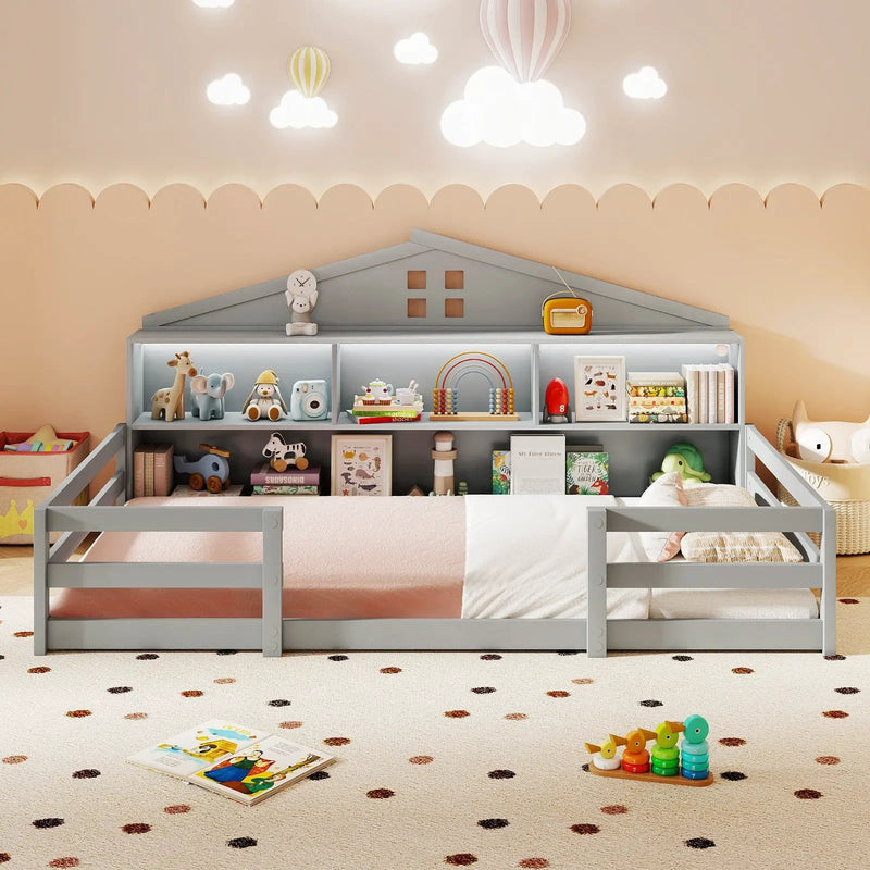 Twin Size Montessori Floor Bed with Storage Compartments and Shelf by DirectDeals