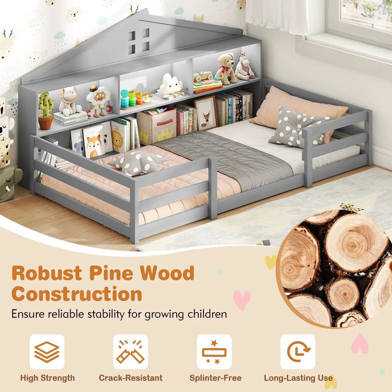 Twin Size Montessori Floor Bed with Storage Compartments and Shelf by DirectDeals