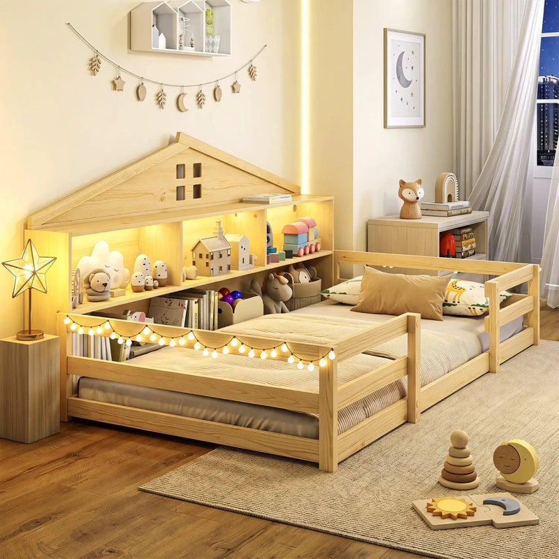 Twin Montessori Floor Bed with Storage and LED Lights by DirectDeals