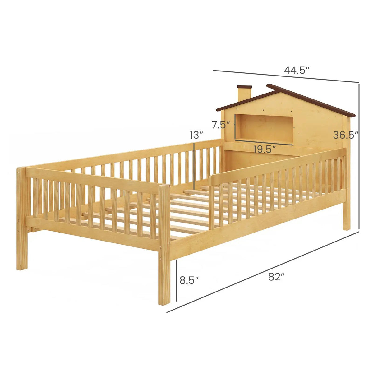 Twin Size Kids Montessori Bed with House-Shaped Headboard and Built-in Storage Shelf by DirectDeals