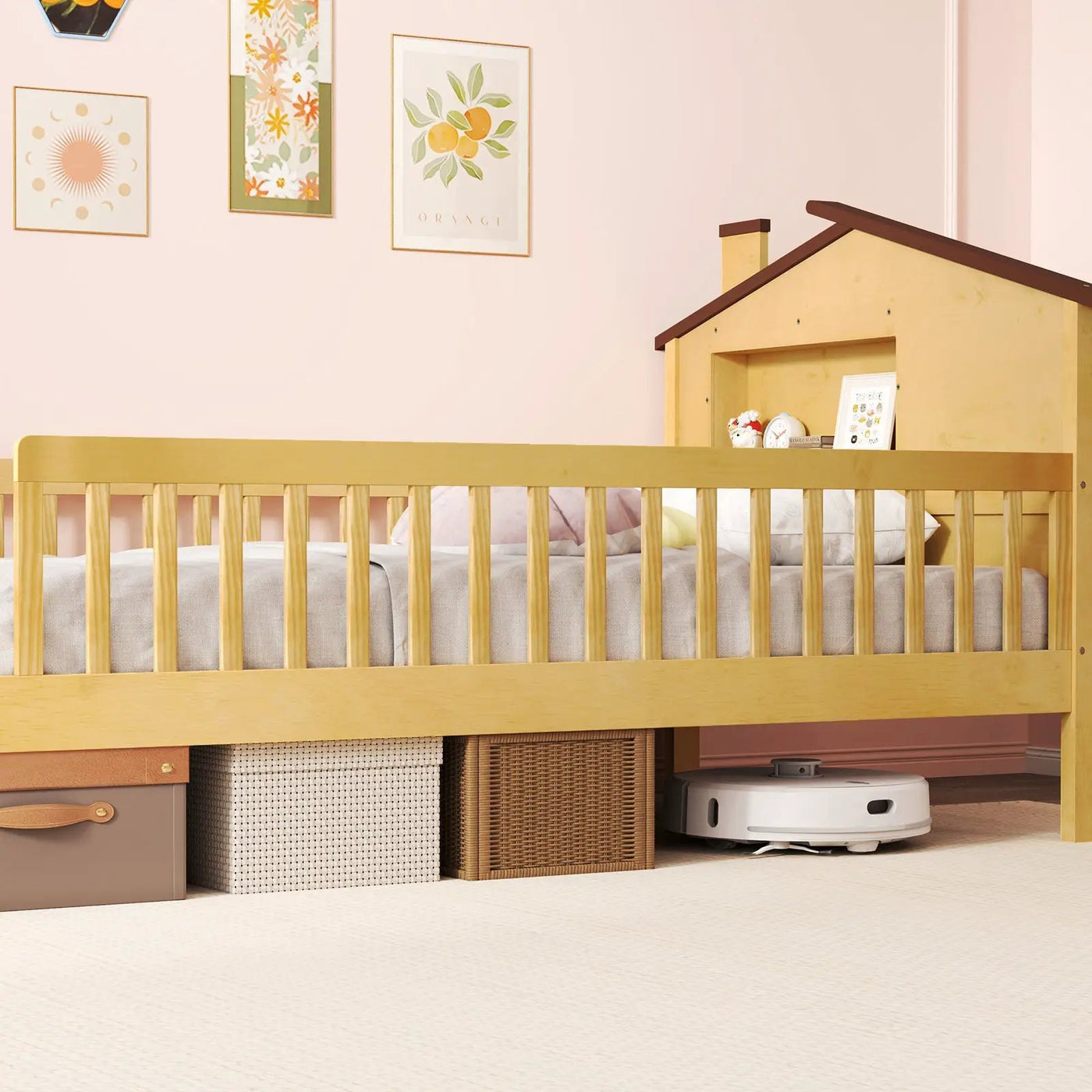 Twin Size Kids Montessori Bed with House-Shaped Headboard and Built-in Storage Shelf by DirectDeals