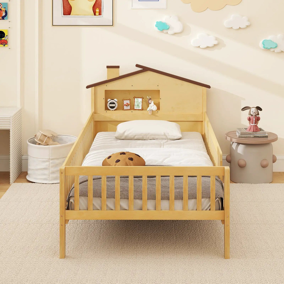 Twin Size Kids Montessori Bed with House-Shaped Headboard and Built-in Storage Shelf by DirectDeals